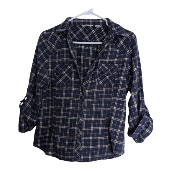 Anthropologie Derek heart bundle of 2 flannel plaid shirts size M navy, taupe - Picture 5 of 5